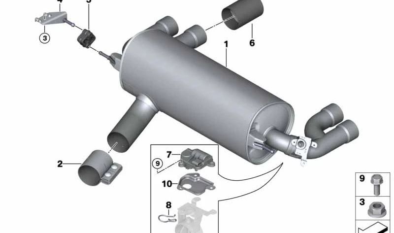 Silencioso trasero con válvula de escape OEM 18307854719 para BMW F87 y F87N. Pieza original BMW.