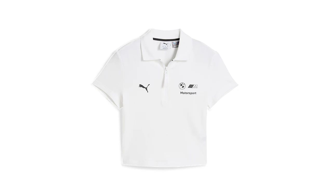Polo corto mujer BMW M Motorsport OEM 80145B5D0B6, blanco con logos BMW y PUMA. Ideal para fans de BMW. Original BMW.