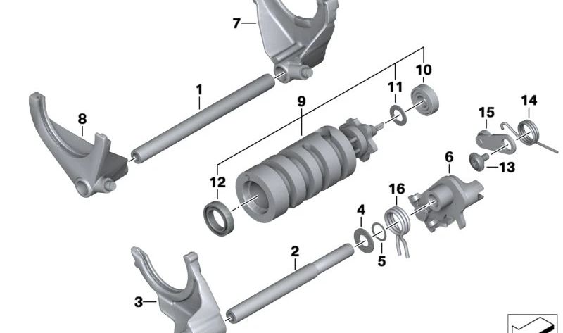 Horquilla de cambio 2ª y 3ª OEM 23008393842 para BMW Motorrad R nineT, nineT Pure, nineT Scrambler y R 1200 GS. Compatible con modelos RK21, RK22, RK23, RK25. Original BMW Motorrad.