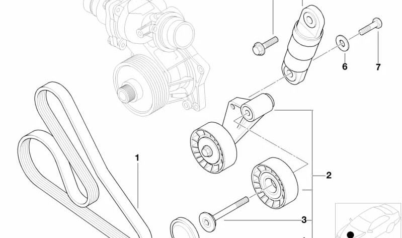 Correa poli V OEM 11287636365 para BMW Serie 7 E38 740d (motor M67, automático, propulsión trasera, 1999-2001). Original BMW.