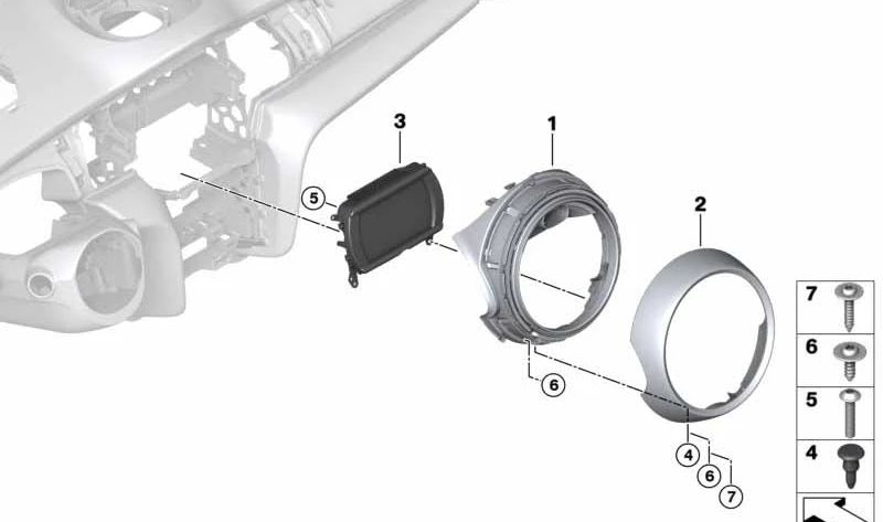 Instrumento central con acabado en cromo OEM 65509367676 para MINI F55, F56 (Cooper, Cooper S) desde 01/2014 hasta 02/2018. Original MINI.