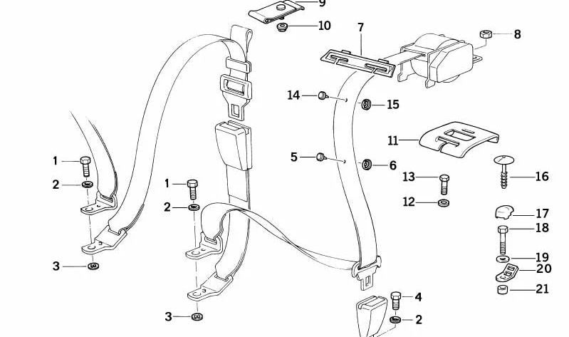 Embels traseiros OEM 72118179980 para BMW E36. Parte do sistema de cinto de segurança traseiro. BMW original de cor turquesa.