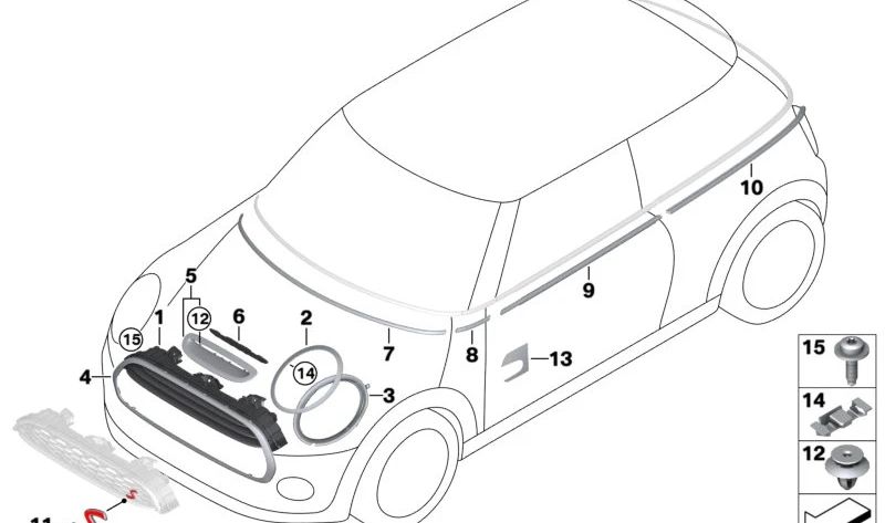 Rejilla decorativa capó delantero OEM 51137386801 para MINI F56, F55, Cabrio F57. Original MINI.