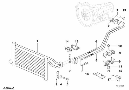 Tubería de refrigeración de aceite de admisión OEM 17221744919 para BMW Serie 5 E39 523i, 528i... y más. Original BMW.