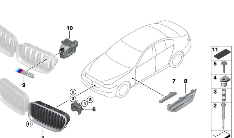 Rejilla embellecedora delantera derecha OEM 51138057224 para BMW F10. Original BMW.