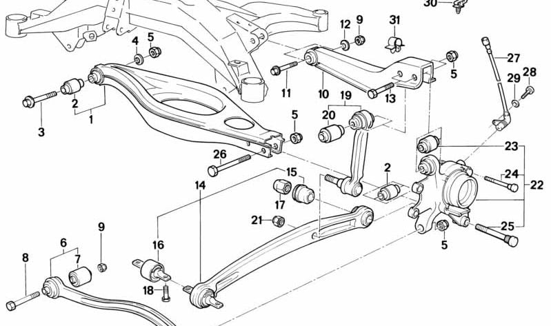 Soporte silentblock brazo suspensión OEM 31121124622 para BMW E28, E34, E24, E32, E31, E83, E53. Original BMW.