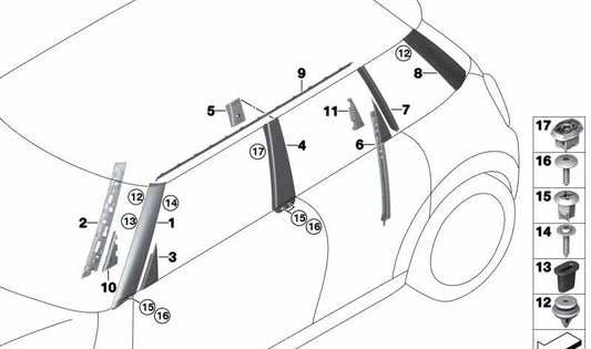Paramento columna C izquierda OEM 51137328873 para MINI F55, F55 LCI, F65. Original MINI.