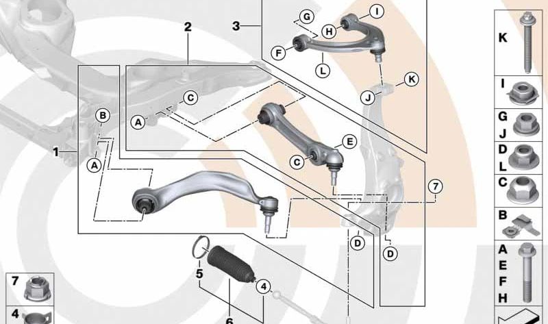 Kit reparación brazo suspensión delantero derecho OEM 31122450818 para BMW F10, F10N, F11, F11N, F18, F18N, F06, F06N, F12, F12N, F13, F13N. Original BMW.