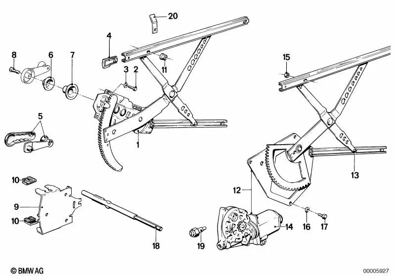 Alzacristallo elettrico anteriore destro OEM 51331868830 per BMW Serie 5 E12, E28. BMW originale.