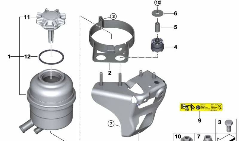 Soporte del depósito de aceite OEM 32416768096 para BMW E81, E82, E87, 1er Serie 125i y 130i con motor N52. Compatible con transmisión manual y automática. Original BMW.