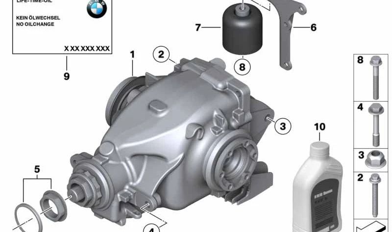 Grupo trasero diferencial relación 3.73 OEM 33107576668 para BMW Z4 E89 sDrive18i, sDrive20i, sDrive23i. Modelos compatibles: LL11, LL12, LL21, LL22, LL31, LL32, LL41, LL42, LM31, LM32. Original BMW.