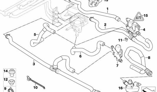 Manguera de válvula de agua para calefacción estacionaria OEM 64216912708 para BMW E60, E61. Original BMW.