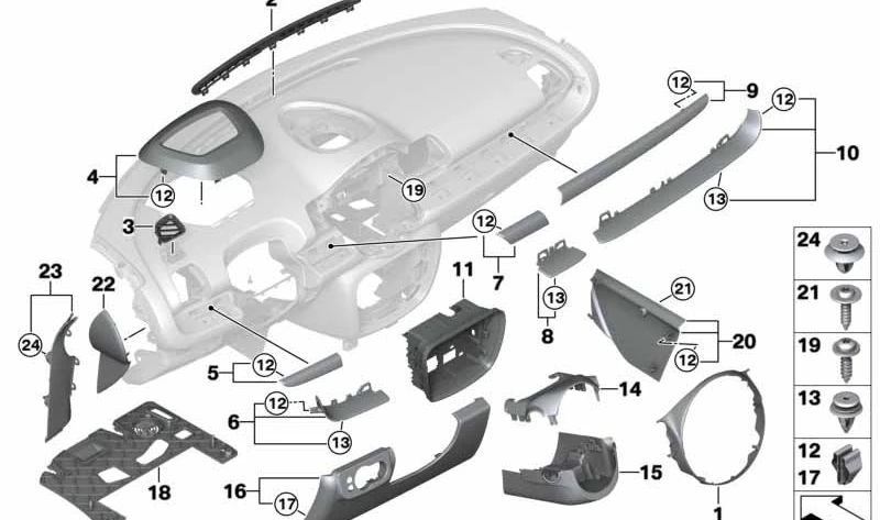 Embellecedor tablero instrumentos conductor Black Squared OEM 51459108127 para MINI Clubman F54 LCI (2018–2024). Original MINI.
