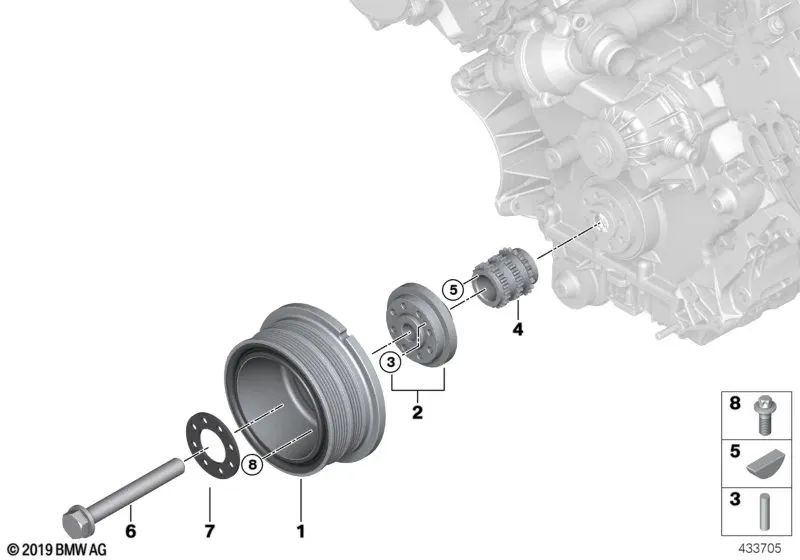 Screw with washer for BMW 5 Series E60, E60N, E61, E61N, 6 Series E63, E63N, E64, E64N, 7 Series E65, E66, X5 E53, E70 (OEM 11231440076). Original BMW.