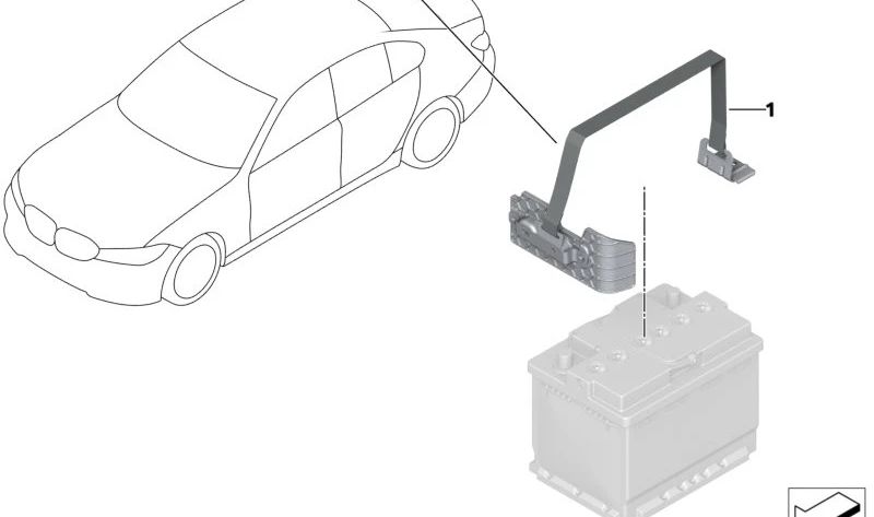 Banda de sujeción para batería auxiliar OEM 61218806280 para BMW G20 320e y 330e. Modelos compatibles: G20 320e (varios tipos), 330e. Original BMW.