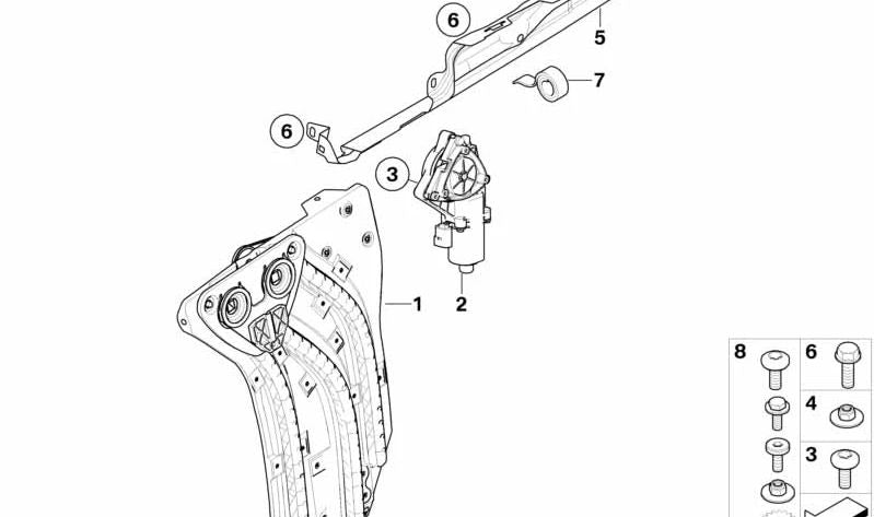 Soporte de unión derecho OEM 51377190612 para MINI R57 Cooper {MR31, MR32, MR41, MR42, ZN31, ZN32, ZN41, ZN42, DXF41, DXF42}. Pieza del mecanismo del elevalunas trasero. Original MINI.