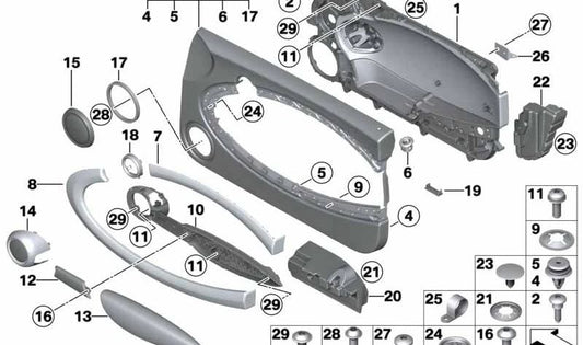 Moldura manecilla interior puerta derecha aluminio OEM 51412753328 para MINI R56, R56 LCI, Clubman R55, Clubman R55 LCI, Cabrio R57, Cabrio R57 LCI. Original MINI.