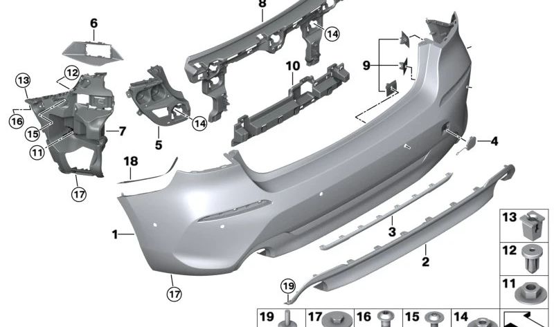 Supporto posteriore per sensori di parcheggio OEM PDC/PMA 51129851243 per BMW F40 (116d, 116i, 118d, 118i) modelli 2019-2024. BMW originale.