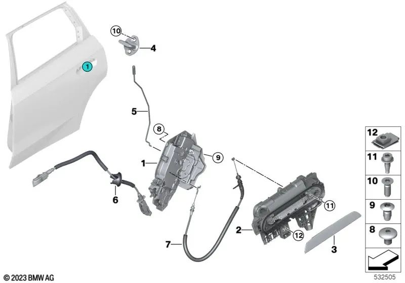 Rechte hintere Systemschloss für BMW 1 F40 -Serie, Serie 2 F44 U06, Serie 3 G20N G28 G28N, X1 U12 (OEM 51227956144). Original BMW