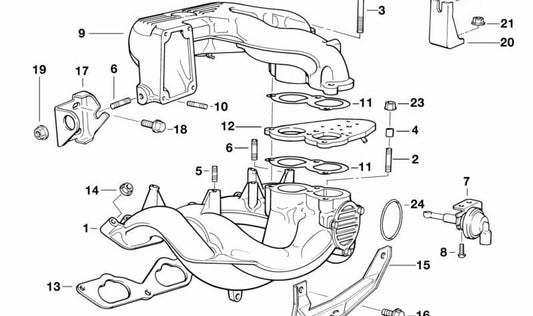 Soporte colector admisión OEM 11611734227 para BMW E36 318is. Compatible con modelos E36: BE51, BE52, BE61, BE62, CA51, CA52, CA61, CA62. Original BMW.