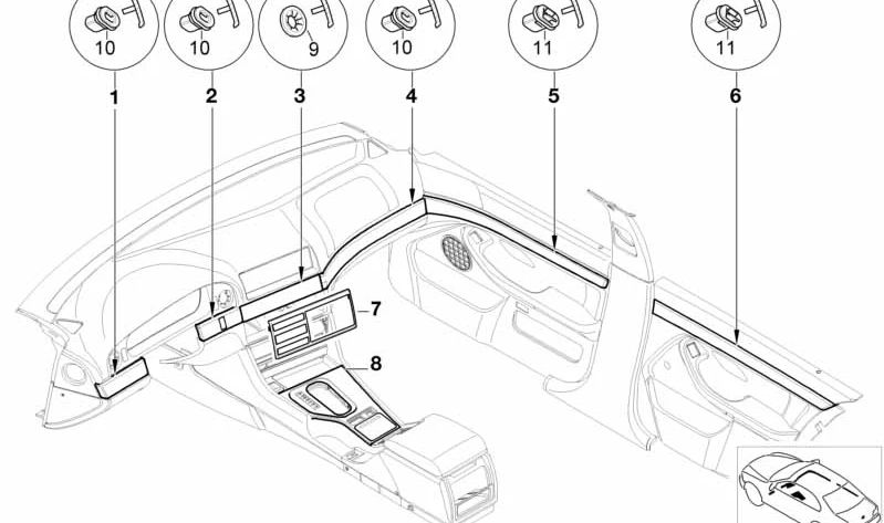 Suplemento para consola central OEM 51168196986 en color Stahlgrau para BMW Serie 5 E39. Original BMW.