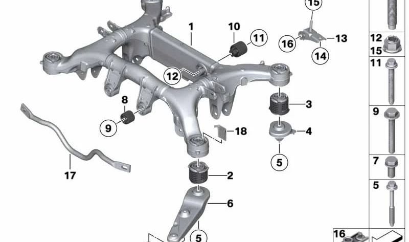 Subchasis trasero OEM 33316794666 para BMW F01, F02, F04. Original BMW.