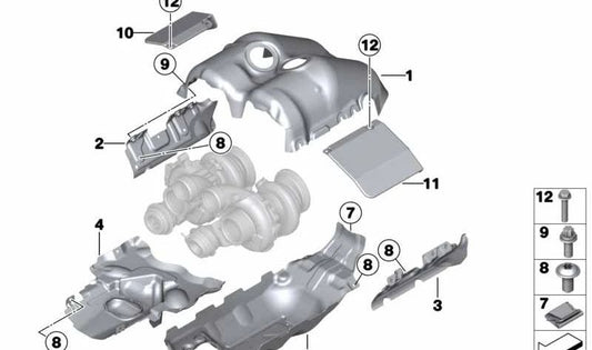 Protector térmico OEM 11657843233 para BMW F10, F06, F12, F13, F85, F86. Compatible con modelos M5 y M6 con motor S63T. Pieza original BMW.