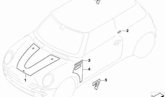 Vinil adesivo original 51147168900 para Mini R50 e R53 (2001–2006). Peça decorativa para a quantidade da frente direita. Mini original.