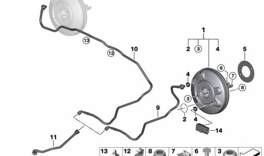 Servo Brake OEM 34336868991 per la serie BMW 2 F45 (216d, 218d, 218i) con cambio manuale o automatico, trazione anteriore. Modelli fabbricati tra il 2014 e il 2018. BMW di sostituzione originale.