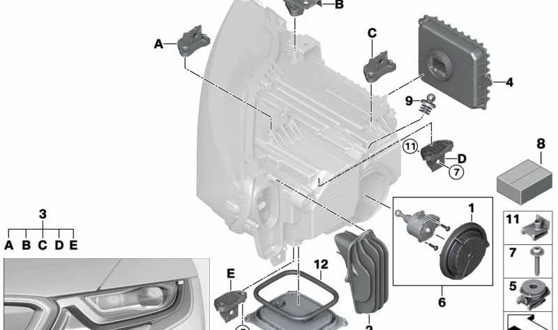 Kit de reparación de faro delantero OEM 63117387447 para BMW i8 I12 (2014-2018) e I15 (2018-2020). Compatible con versiones híbridas y eléctricas. Original BMW.