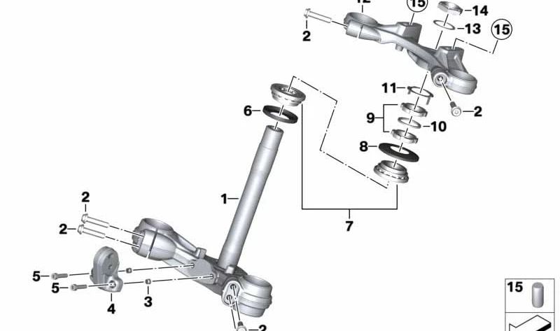 Tija inferior de la horquilla OEM 31428562870 para BMW Motorrad R nineT (RK21) modelos 0J01 y 0L51. Compatible con años 2016 a 2023. Repuesto original BMW Motorrad.
