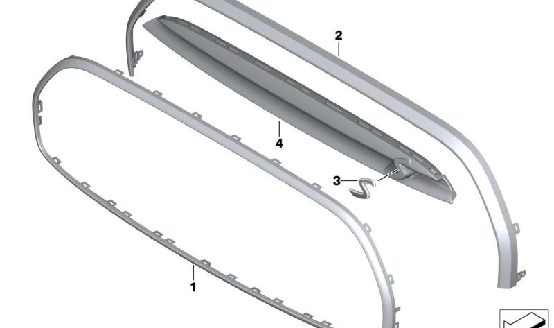 Marco rejilla decorativa OEM 51119450552 para MINI F56 LCI, F56 BEV LCI, F55 LCI, Cabrio F57 BEV, Cabrio F57 LCI. Original MINI.