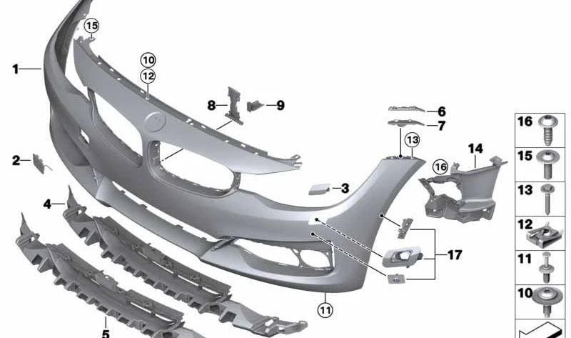 Kit de reparación soporte paragolpes delantero OEM 51117379431 para BMW F34 y F34N. Original BMW.