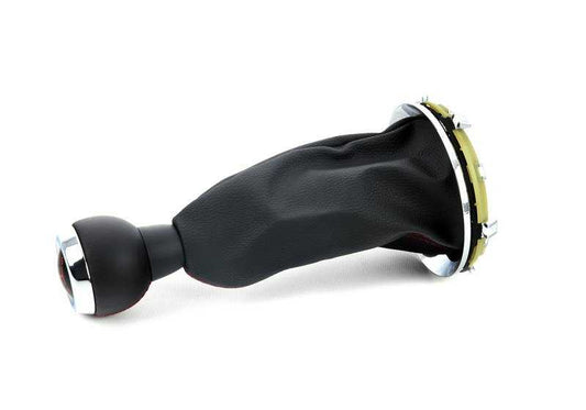 Leather march change knob with 6 -speed chromed embellishment OEM 25117606376 for Mini R55, R56, R57, R58, R59. Original Mini.