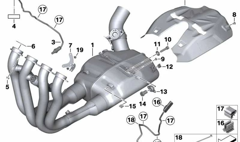 Collecteur d'échappement avec OEM intermédiaire silencieux 18518530410 pour BMW Motorrad R1200GS, R1200GS Adventure, R1200R, R1200RT (K25, K26, K27) 2004-2009. BMW original Motorrad.