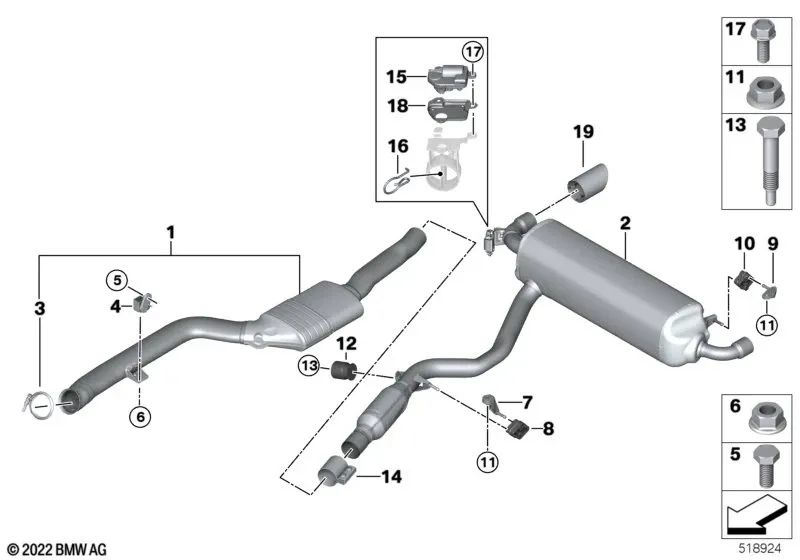 Rear right silencer bracket for BMW G42 (OEM 18309894274). Original BMW.