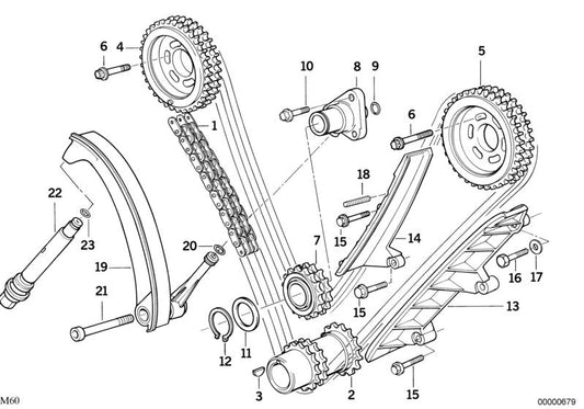 Guía tensor cadena distribución OEM 11311747411 para BMW E34, E32, E38, E31, 5er, 7er, 8er. Compatible con motores M60. Pieza original BMW.