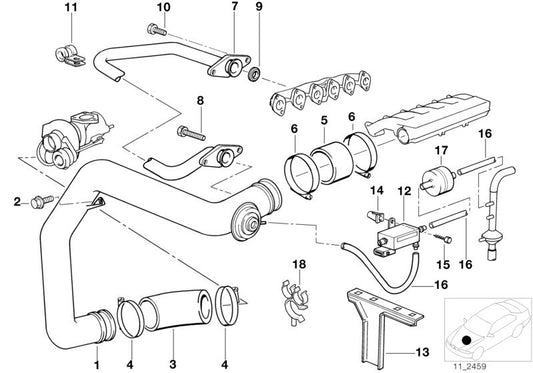 Turbo -Druckrohr OEM 11612243635 für BMW E36 (318TD, 325TD) und E34 (325TD). Kompatibel mit M41- und M51T -Motoren. Original BMW.