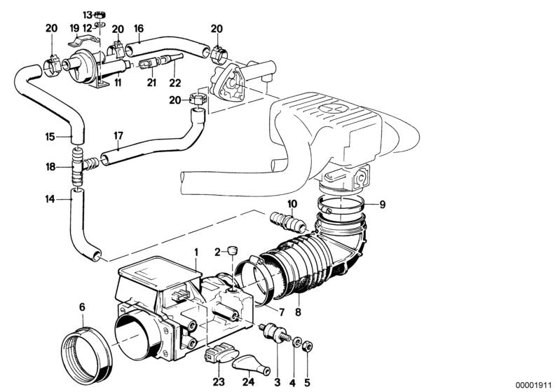 Manguera de admisión de aire OEM 11611288043 para BMW E30 (316i, 318i) y E28 (518i). Compatible con motores M10. Original BMW.