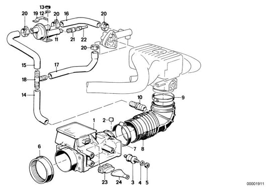 Manguera de admisión de aire OEM 11611288043 para BMW E30 (316i, 318i) y E28 (518i). Compatible con motores M10. Original BMW.