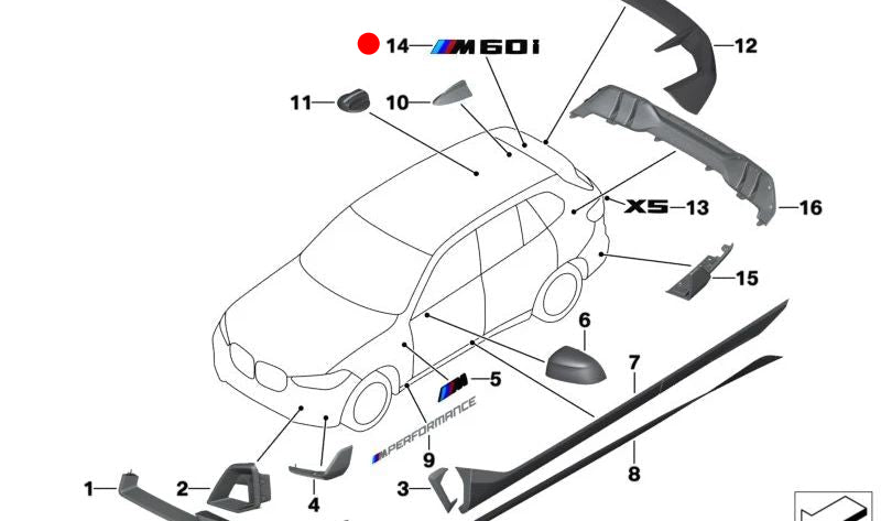 Emblème "m60i" BMW OEM d'origine 51145A722F4 pour BMW X5 (G05) et BMW X6 (G06). Idéal pour remplacer ou mettre à jour le logo arrière de votre BMW. Produit BMW d'origine.
