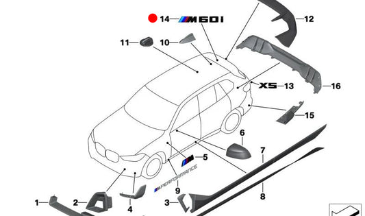 Emblem "M60i" Original BMW OEM 51145A722F4 para BMW X5 (G05) e BMW X6 (G06). Ideal para substituir ou atualizar o logotipo traseiro do seu BMW. Produto BMW original.
