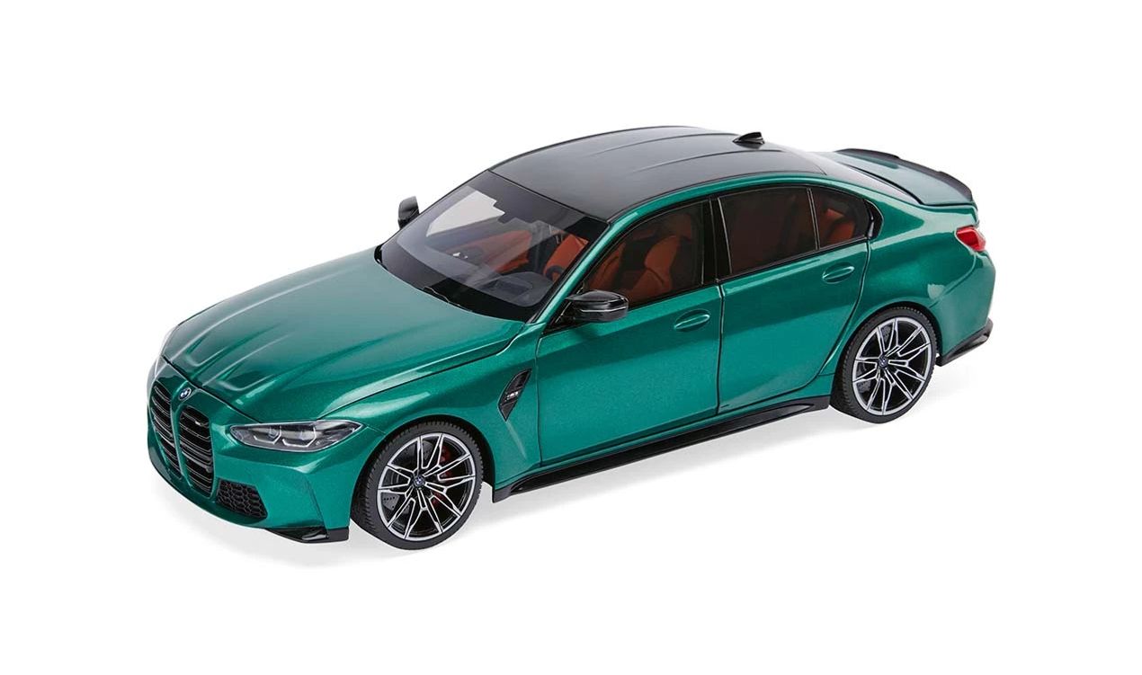 Miniatura de coche BMW M3 G80 escala 1:18 OEM 80435A51948 para BMW M3 G80 (G80). Puertas, capó y maletero abren. Original BMW.