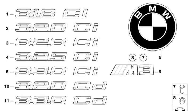 Emblema adhesivo trasero OEM 51147004685 para BMW E46. Original BMW.