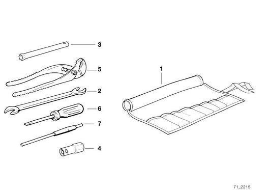 OEM -Werkzeugtasche 71111092793 für BMW 3 E36 (316i, 318i) Modelle, die zwischen 1995 und 1999 hergestellt wurden. Enthält Fächer für grundlegende Fahrzeugwerkzeuge. Original BMW.