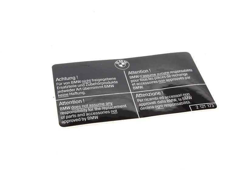 Placa indicativa OEM 51142121173 para BMW E30, E36, E46, E90, E91, E92, E93, E28, E34, E39, E60, E61, F07, E32, E38, E65, E66, E31, E84, E83, E53, E70, E71, E72, Z1, Z3, E85, E86, E89, E52. Original BMW.