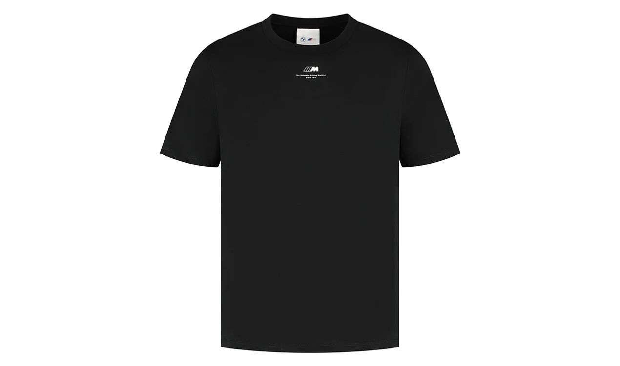 Camiseta negra BMW M Logo OEM 80145B5F5D8 con estampado frontal "The Ultimate Driving Machine Since 1972", 100% algodón, unisex, todas tallas. Original BMW.