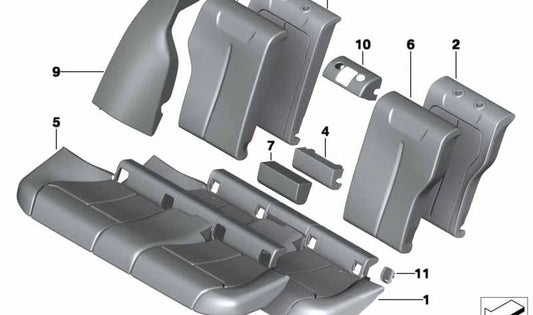 Cojín respaldo central OEM 52207298282 para BMW F30, F30N, F31, F31N, F34, F34N. Pieza original BMW para asiento trasero con sistema de carga larga.