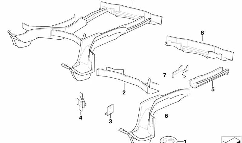 Larguero trasero izquierdo OEM 41118108465 para BMW E31 {840i, 840Ci} compatibles. Pieza estructural original BMW.