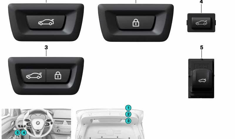 Centerlock switch for BMW 5 Series F07, F10, F11, F18, G30, G38, 6 Series F06, F12, F13, 7 Series F01, F02, F04, X3 F25 (OEM 61315A64C26). Genuine BMW